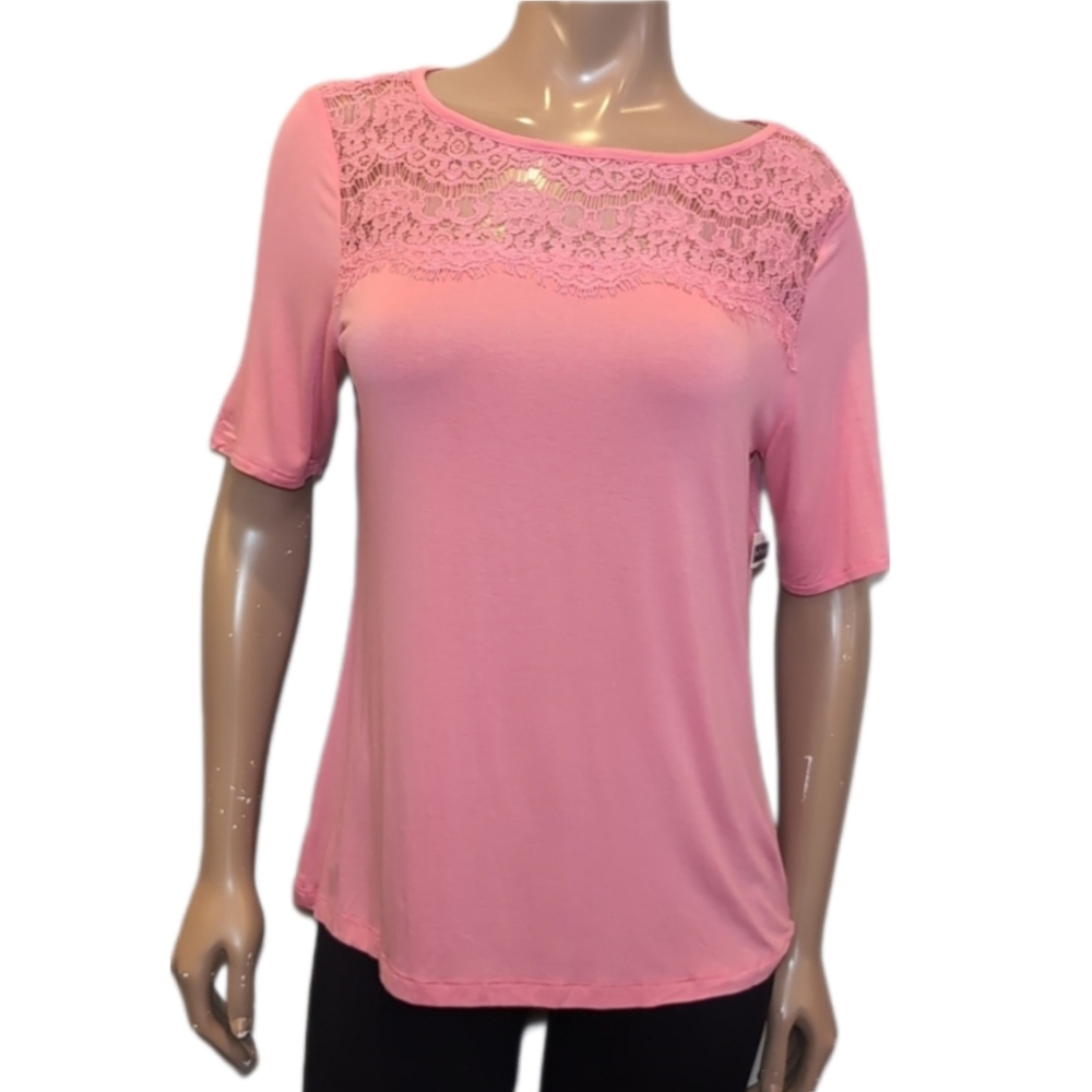 BAY STUDIO Petite Short Sleeve Top Sheer Lace Yoke Stretchy Rayon Barbie